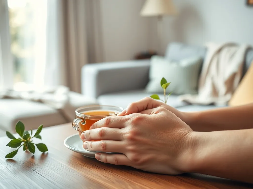 Spokojne dłonie na stole obok ziołowej herbaty i rośliny, w tle przytulny salon sprzyjający codziennemu relaksowi i redukcji stresu