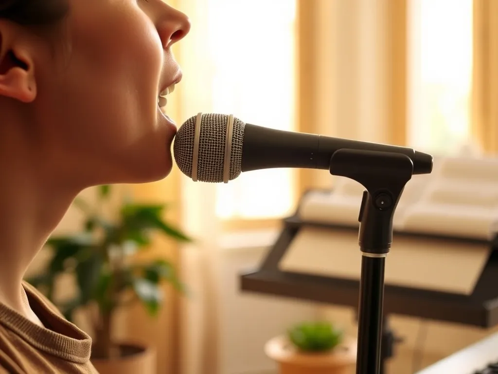 Osoba w jasnym, przytulnym wnętrzu ćwiczy czysty śpiew przy mikrofonie, w spokojnej i zachęcającej atmosferze.