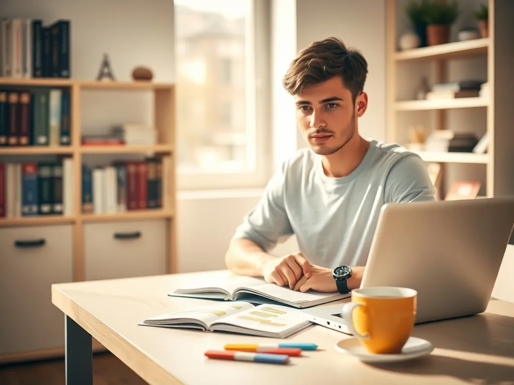 Młoda osoba uczy się języka obcego przy biurku z laptopem, zeszytem i fiszkami, w tle półka z słownikami i pamiątkami z podróży.