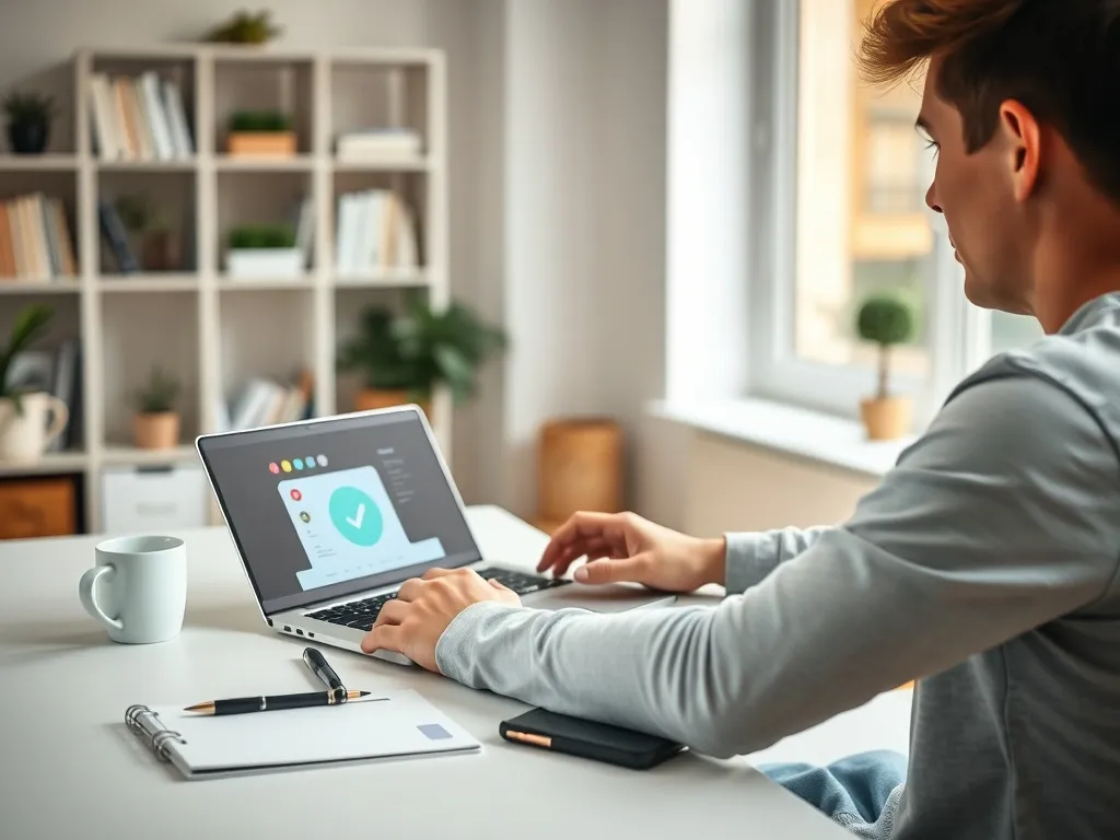 Młoda osoba przy biurku testuje aplikację na laptopie, otoczona notatnikiem i sprzętem w nowoczesnym, jasnym biurze domowym.