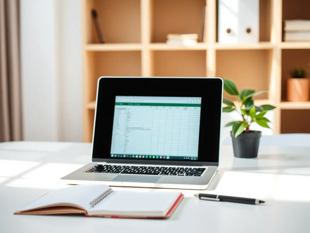 Laptop z otwartym arkuszem kalkulacyjnym na minimalistycznym biurku, obok notes i długopis, spokojne miejsce do nauki Excela.