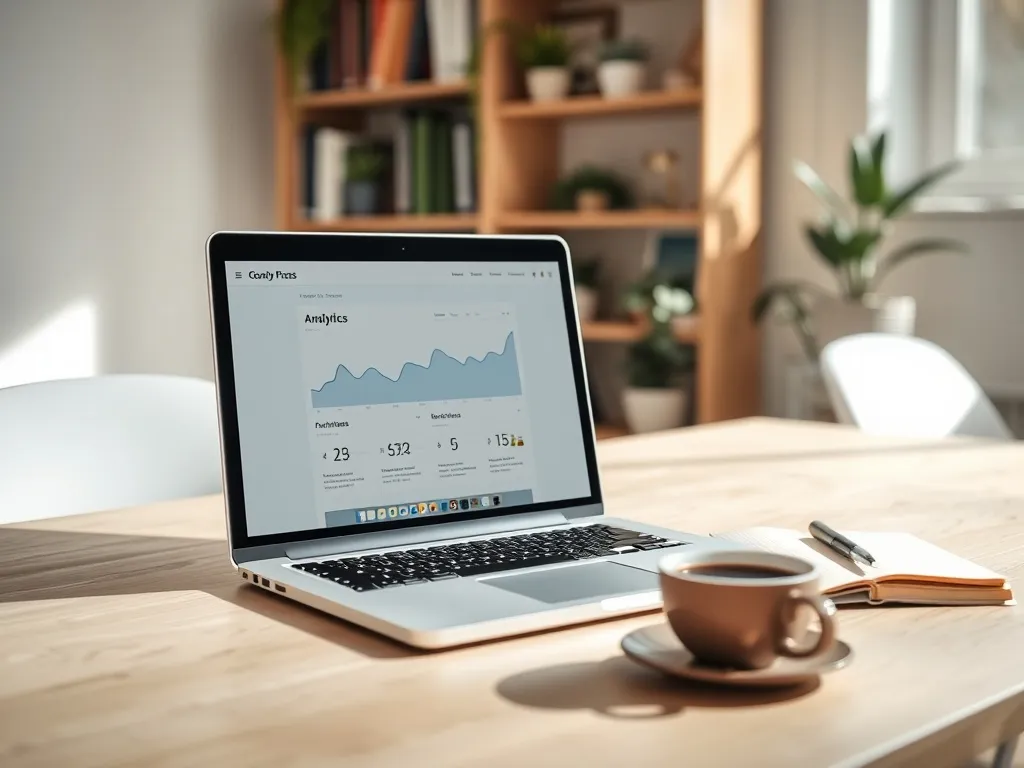 Laptop z prostą stroną i wykresami SEO na biurku obok notatnika i kawy, w jasnym, minimalistycznym home office.