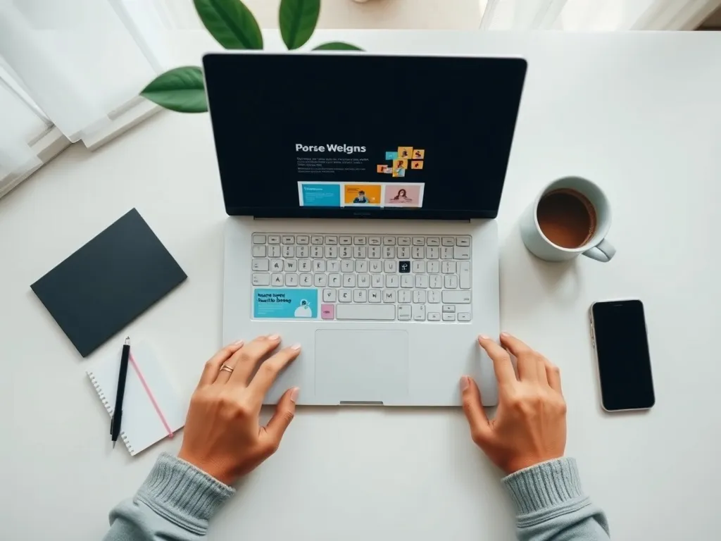 Osoba tworząca prostą, kolorową stronę WWW na laptopie przy biurku, obok notes, telefon i kubek kawy.