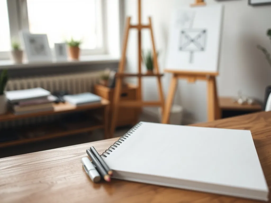 Puste szkicowniki i ołówki na biurku w przytulnym kąciku artysty, zachęcające do rozpoczęcia nauki rysunku