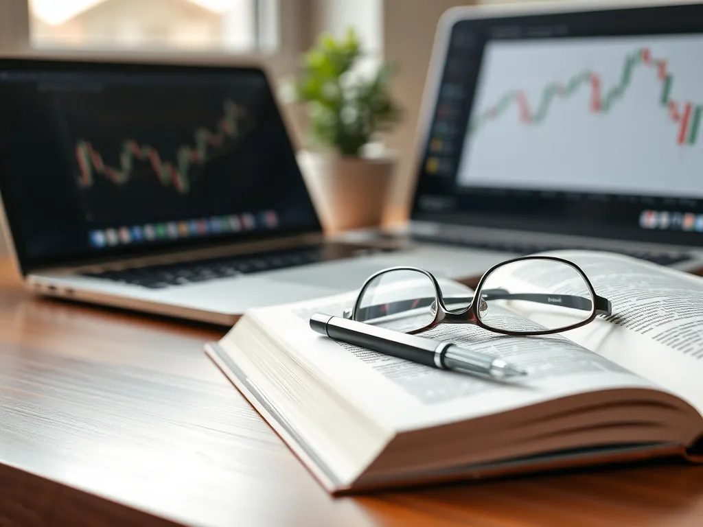 Otwartą książkę do inwestowania na biurku otaczają okulary, długopis i laptop z wykresem giełdowym, tworząc spokojną atmosferę nauki.