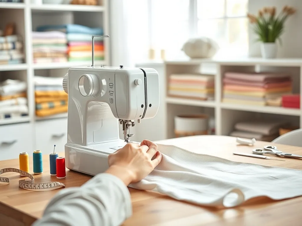 Ręce prowadzą tkaninę pod igłą maszyny do szycia w jasnym, przytulnym kąciku do nauki szycia w domu