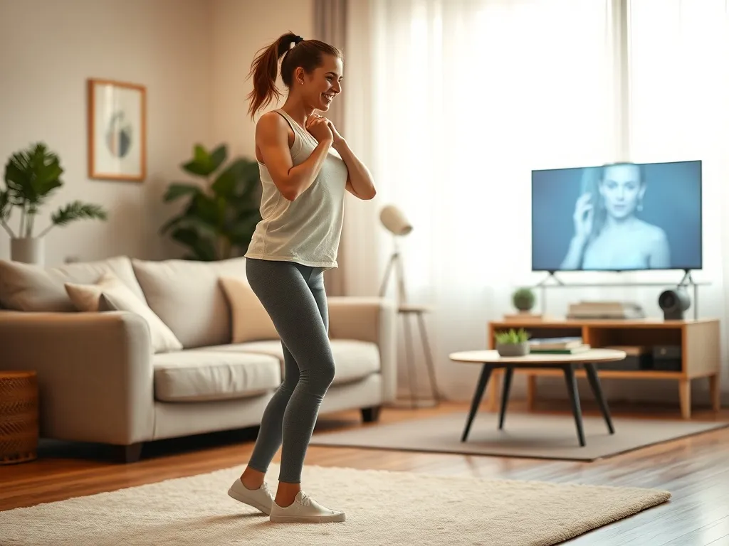 Osoba w salonie ćwiczy proste kroki taneczne z uśmiechem, korzystając z domowego kursu tańca online.