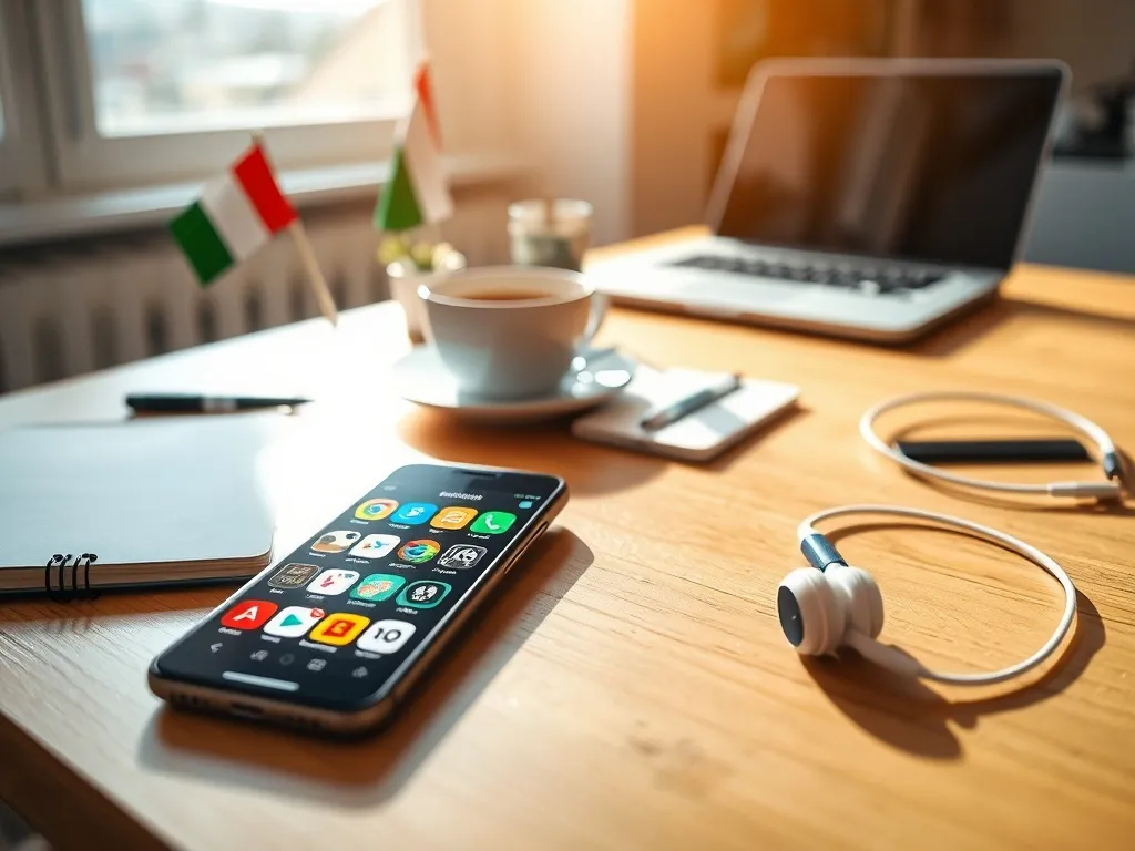 Smartfon z kolorową aplikacją do nauki języków na biurku z włoską flagą, słuchawkami i laptopem w ciepłym świetle.