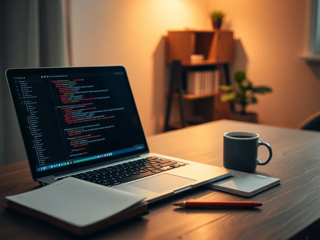 Przytulne biurko z laptopem z kolorowym kodem, notesem i kawą, podkreślające naukę programowania w domowym zaciszu.