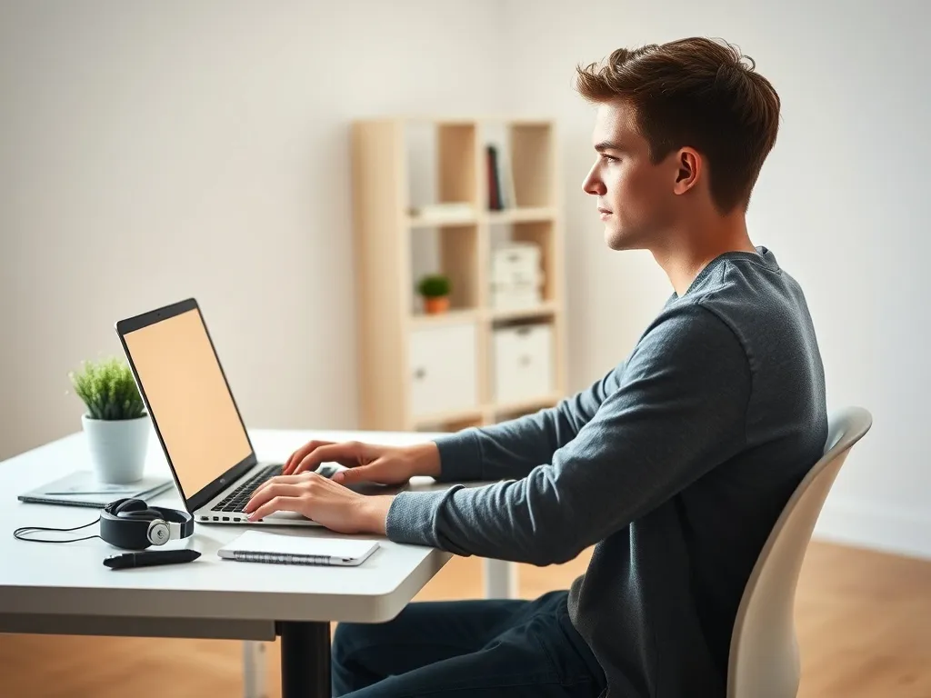 Młoda osoba uczy się programowania przy laptopie w domowym biurze, skupiona na ekranie w jasnym, motywującym otoczeniu.