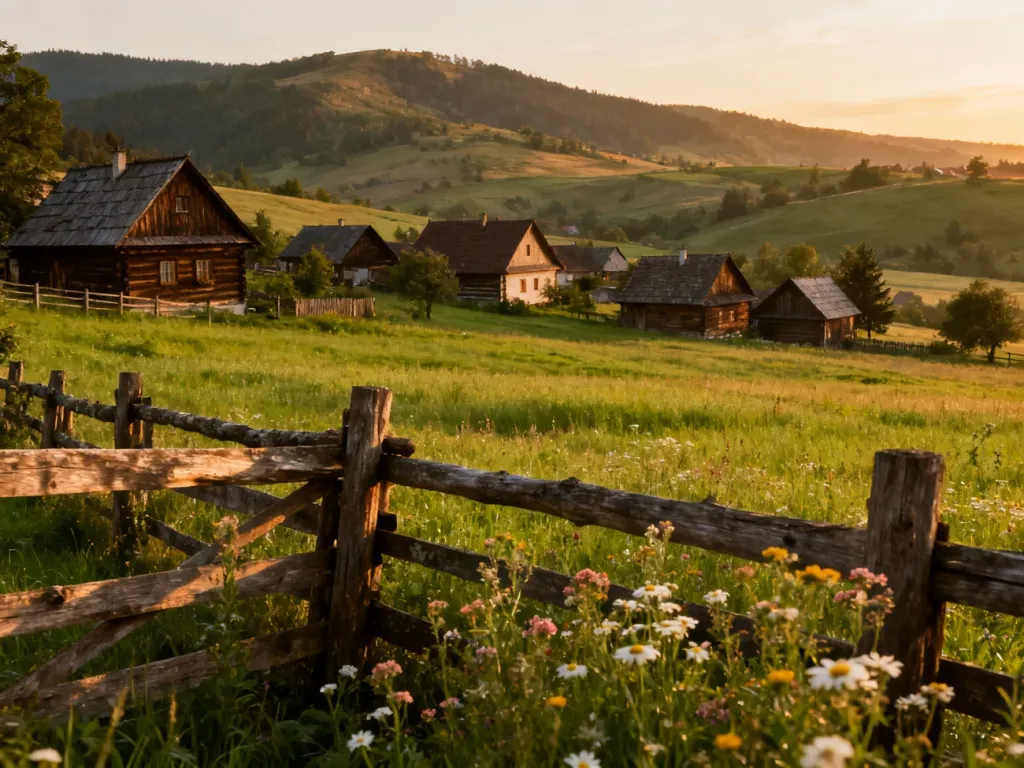 Malownicza polska wieś z drewnianymi chatami i zielonymi polami, przypominająca krajobraz z filmu „Sami swoi”.