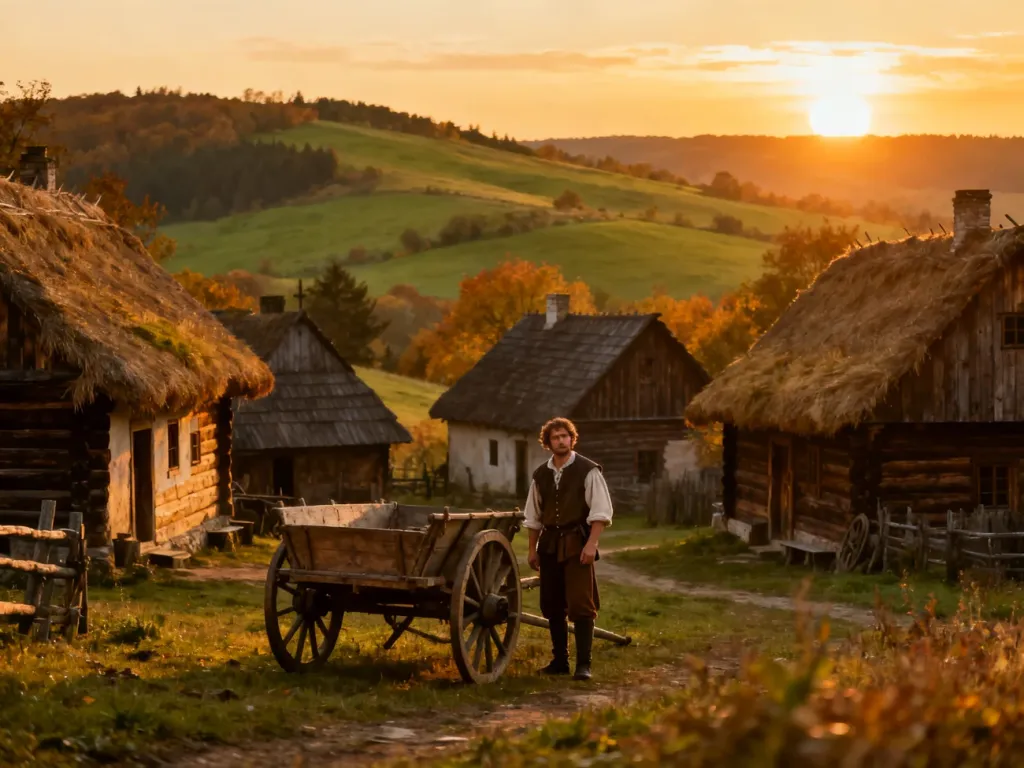 Sielski krajobraz XVII-wiecznej polskiej wsi z drewnianymi chatami, w której kręcono serial „1670”.