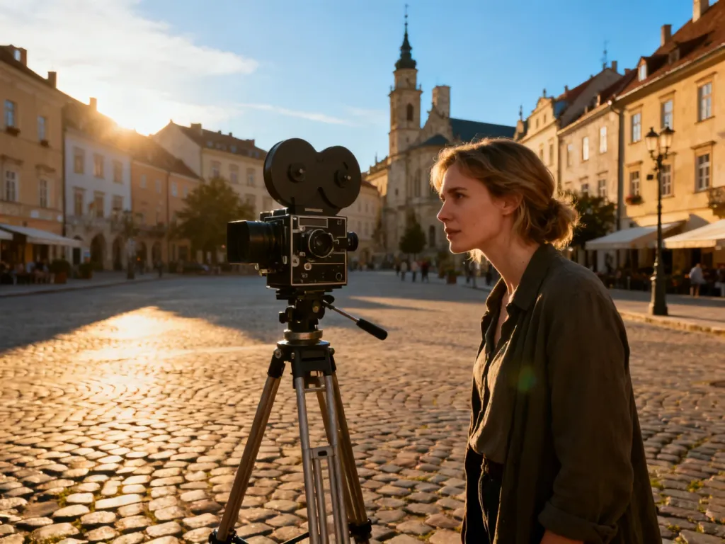 Kobieta z kamerą filmową na tle zabytkowego rynku europejskiego miasteczka, gdzie kręcono film.