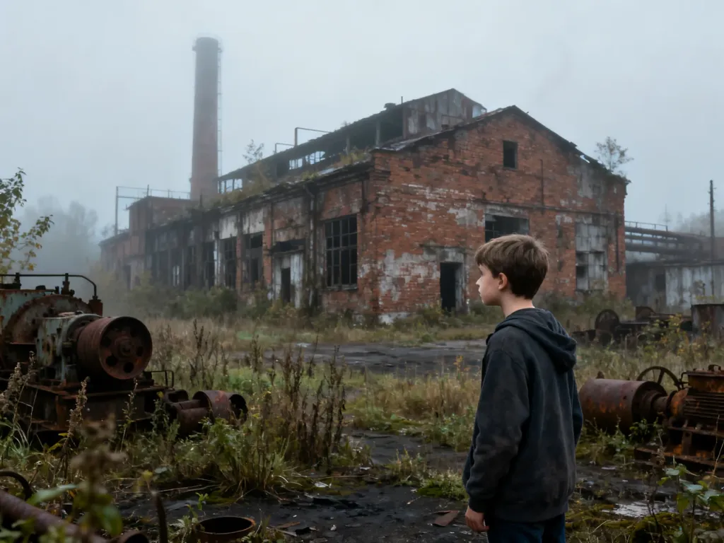 Samotny chłopiec stoi przed opuszczoną, zniszczoną fabryką w otoczeniu mglistego, industrialnego krajobrazu.
