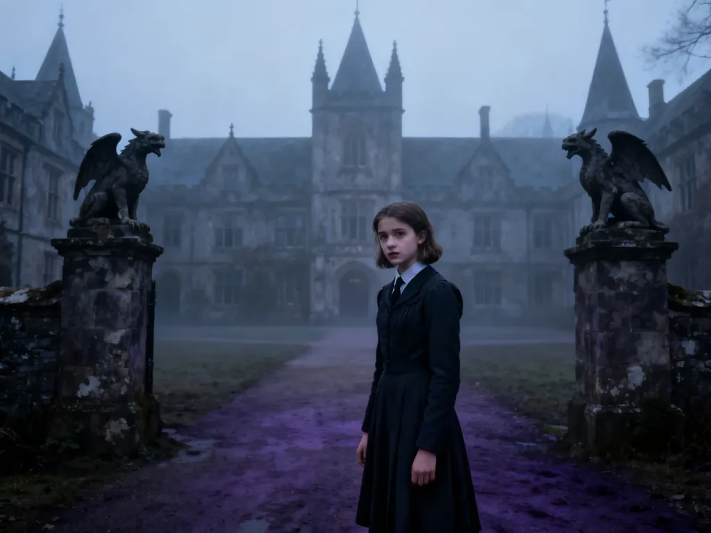 Mroczna, gotycka akademia Nevermore z mglistym dziedzińcem, na którym stoi Wednesday Addams w szkolnym mundurku.